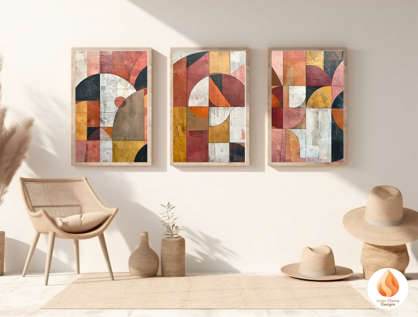 Bold Geometric Artwork for Modern Home Design | Triptych Artwork