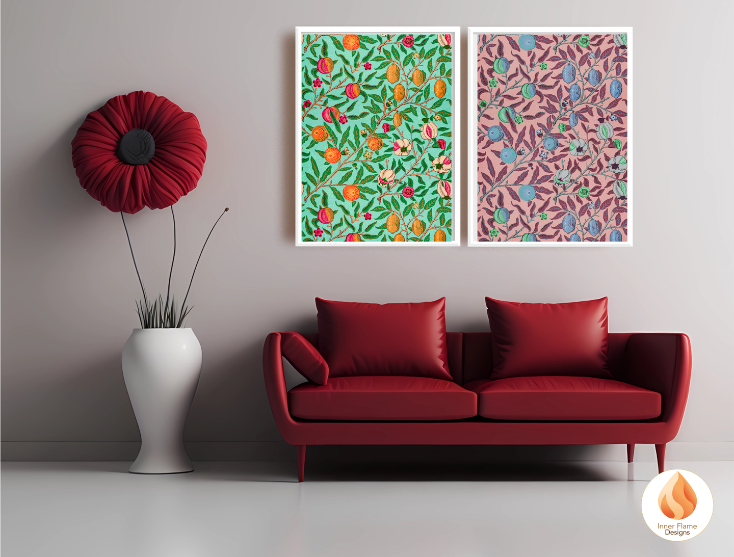 William Morris Inspired Designs - "Fruit (or Pomegranate)" | Abstract Botanical Art for Modern Home Design | Triptych Artwork