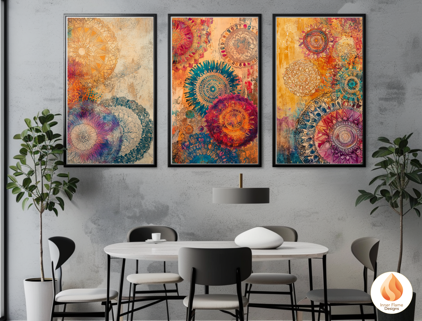 Kaleidoscopic Boho Wall Art Décor for Modern Home Design | Triptych Artwork