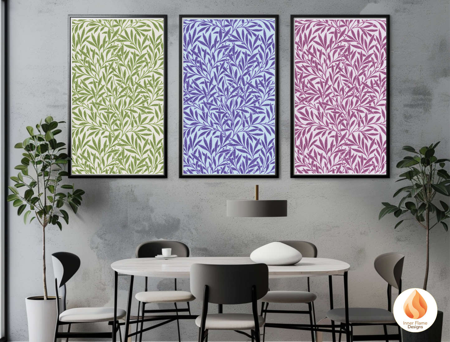 William Morris Inspired Designs - "Willow" | Abstract Botanical Art for Modern Home Design | Triptych Artwork