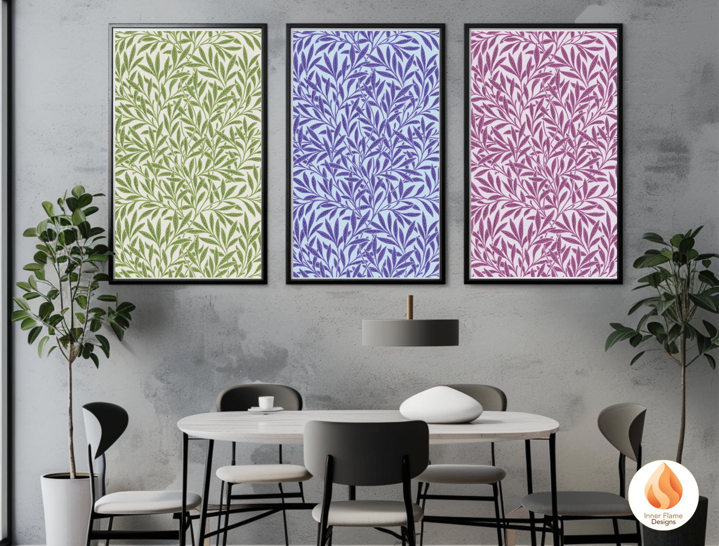 William Morris Inspired Designs - "Willow" | Abstract Botanical Art for Modern Home Design | Triptych Artwork
