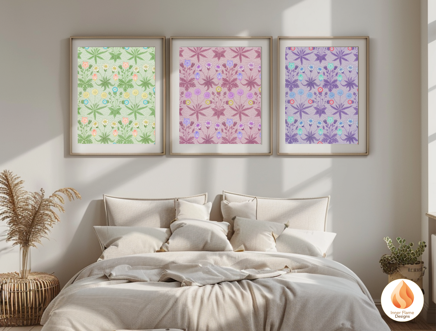 William Morris Inspired Designs - "Daisy" | Abstract Botanical Art for Modern Home Design | Triptych Artwork