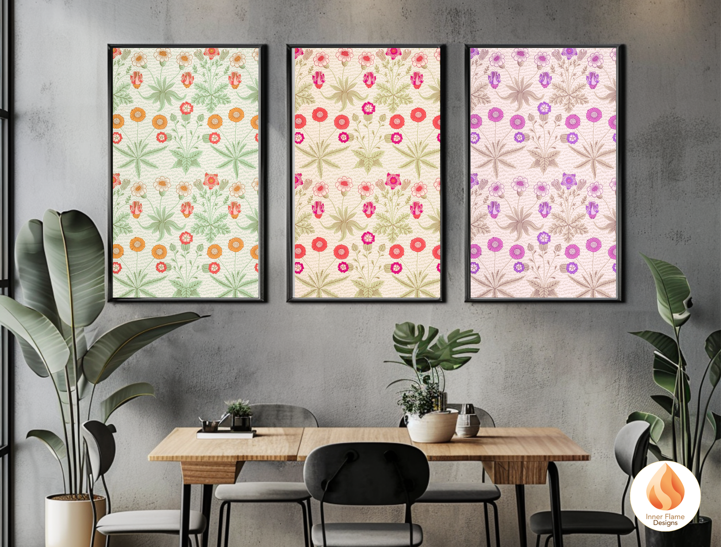 William Morris Inspired Designs - "Daisy" | Abstract Botanical Art for Modern Home Design | Triptych Artwork