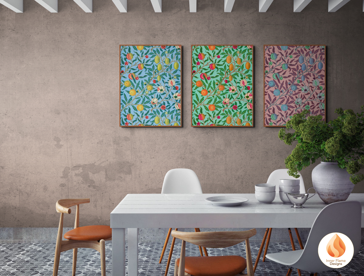 William Morris Inspired Designs - "Fruit (or Pomegranate)" | Abstract Botanical Art for Modern Home Design | Triptych Artwork