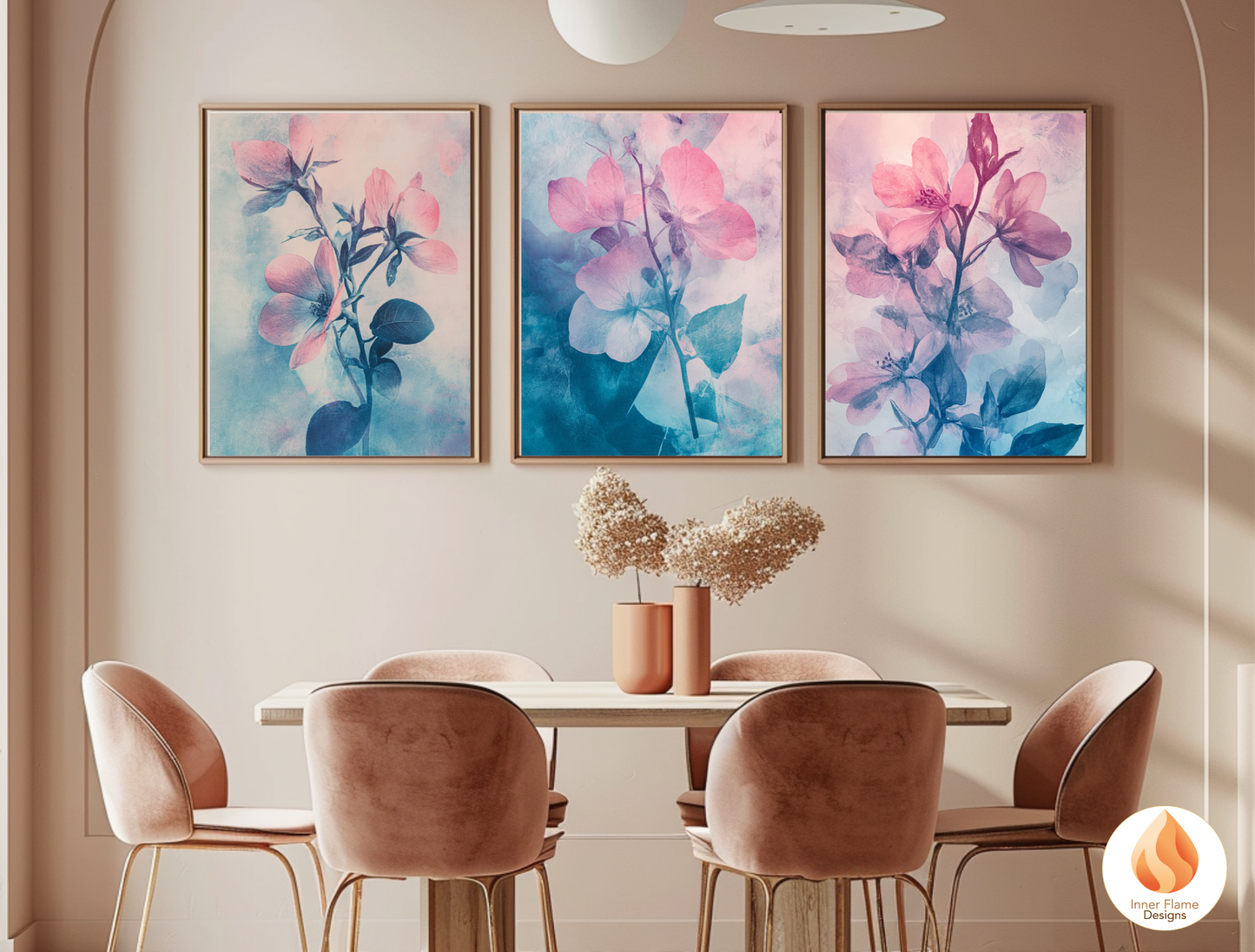 Romantic Flower Artwork for Modern Home Design | Triptych Artwork