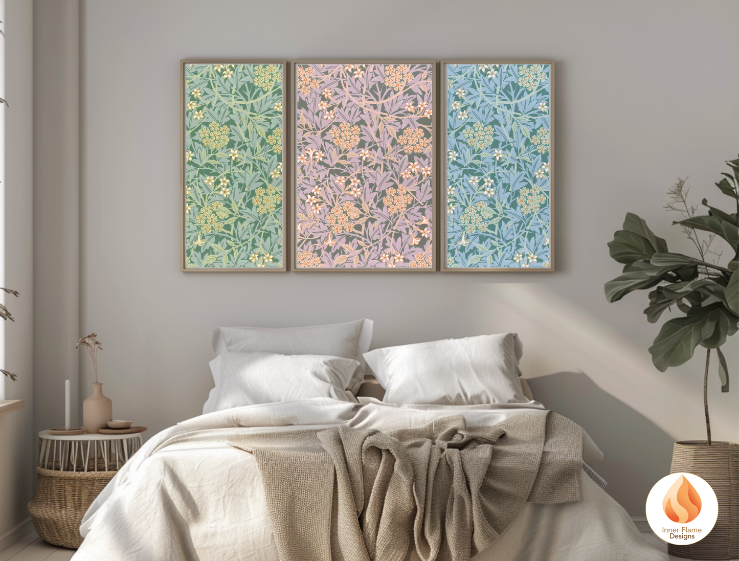 William Morris Inspired Designs - "Jasmine" | Abstract Botanical Art for Modern Home Design | Triptych Artwork