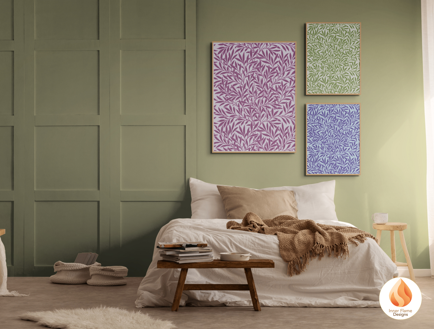 William Morris Inspired Designs - "Willow" | Abstract Botanical Art for Modern Home Design | Triptych Artwork