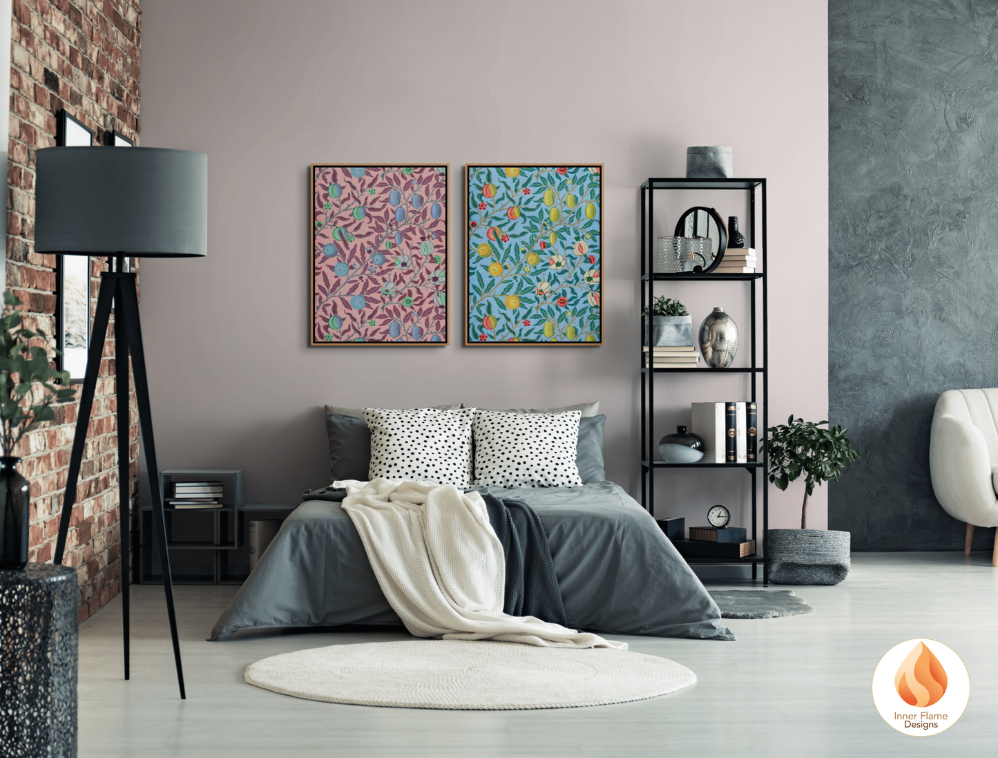 William Morris Inspired Designs - "Fruit (or Pomegranate)" | Abstract Botanical Art for Modern Home Design | Triptych Artwork