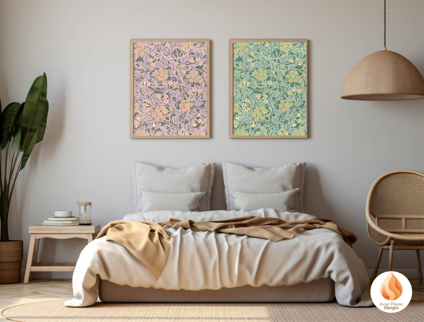William Morris Inspired Designs - "Jasmine" | Abstract Botanical Art for Modern Home Design | Triptych Artwork