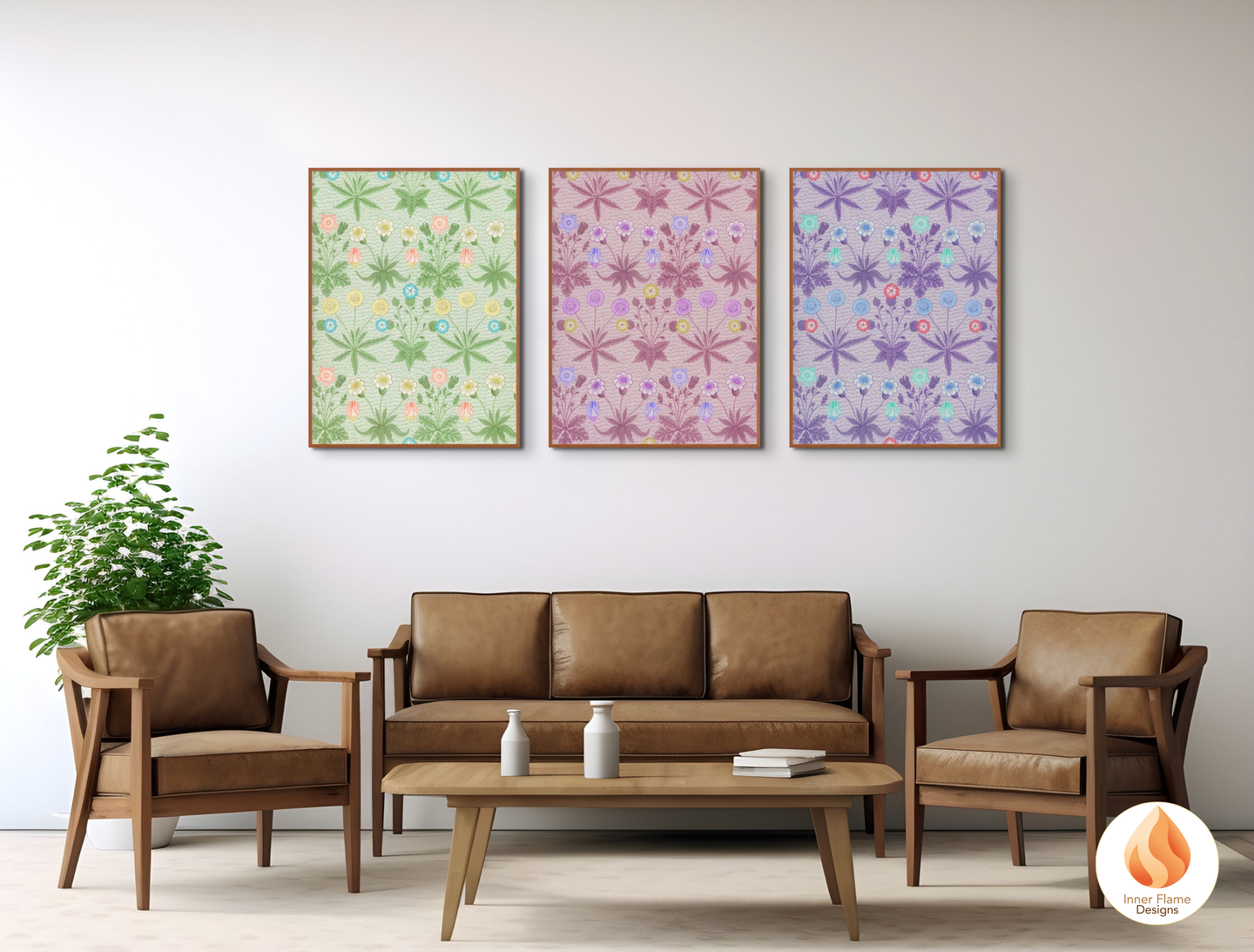William Morris Inspired Designs - "Daisy" | Abstract Botanical Art for Modern Home Design | Triptych Artwork