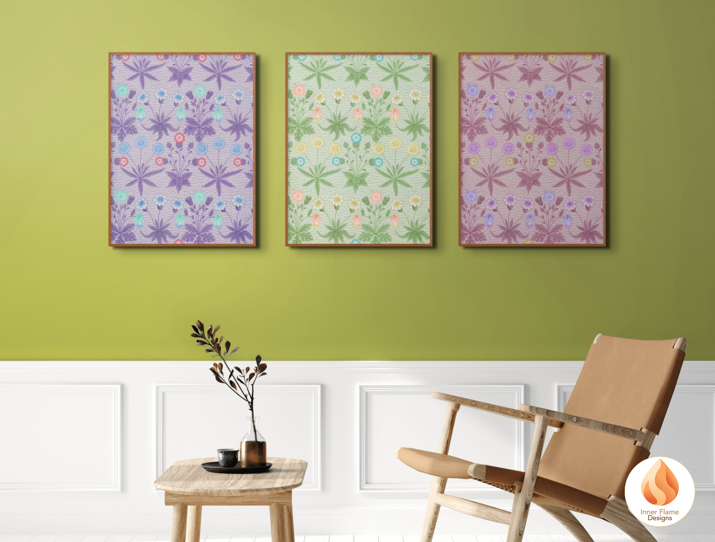 William Morris Inspired Designs - "Daisy" | Abstract Botanical Art for Modern Home Design | Triptych Artwork