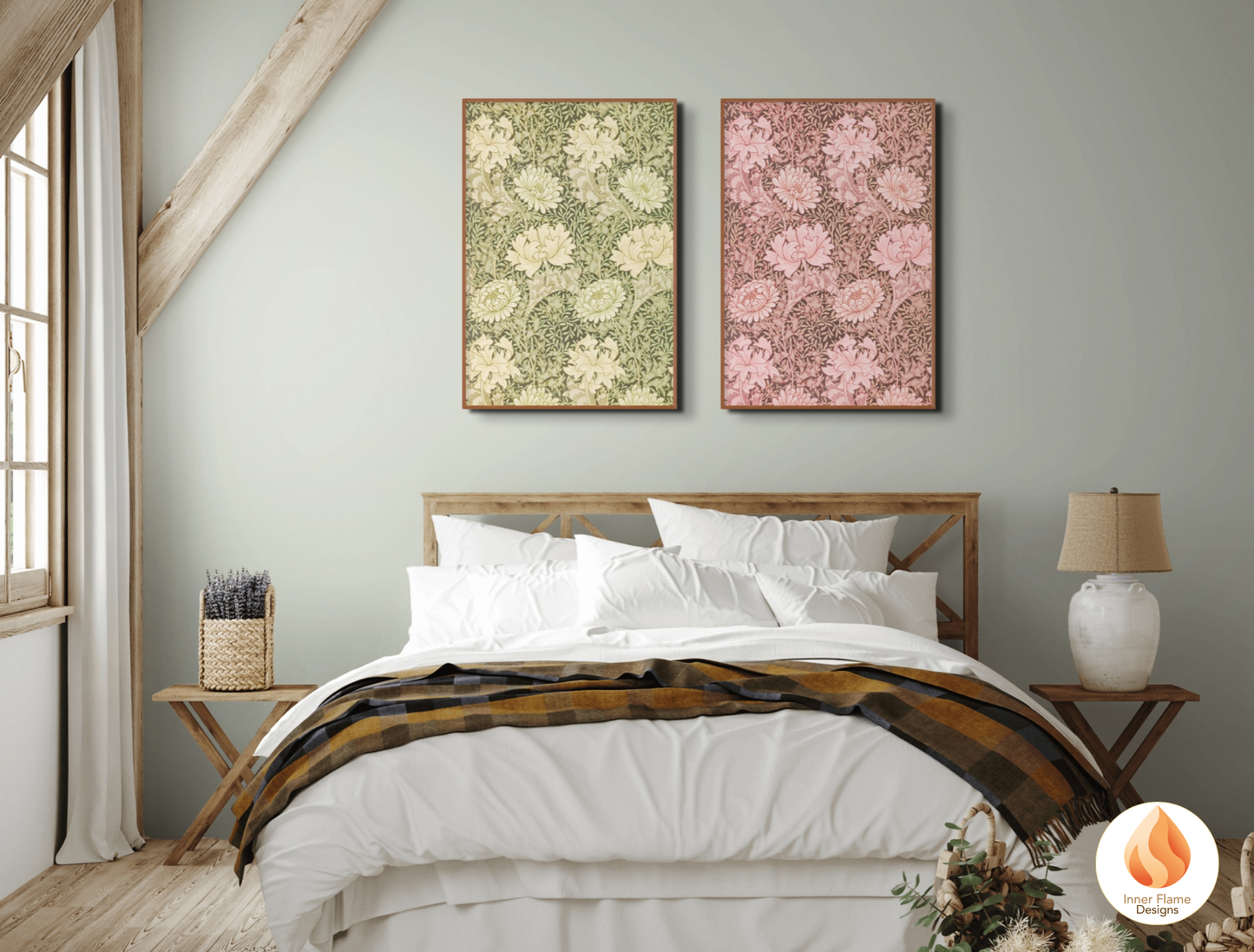William Morris Inspired Designs - "Chrysanthemum" | Abstract Botanical Art for Modern Home Design | Triptych Artwork