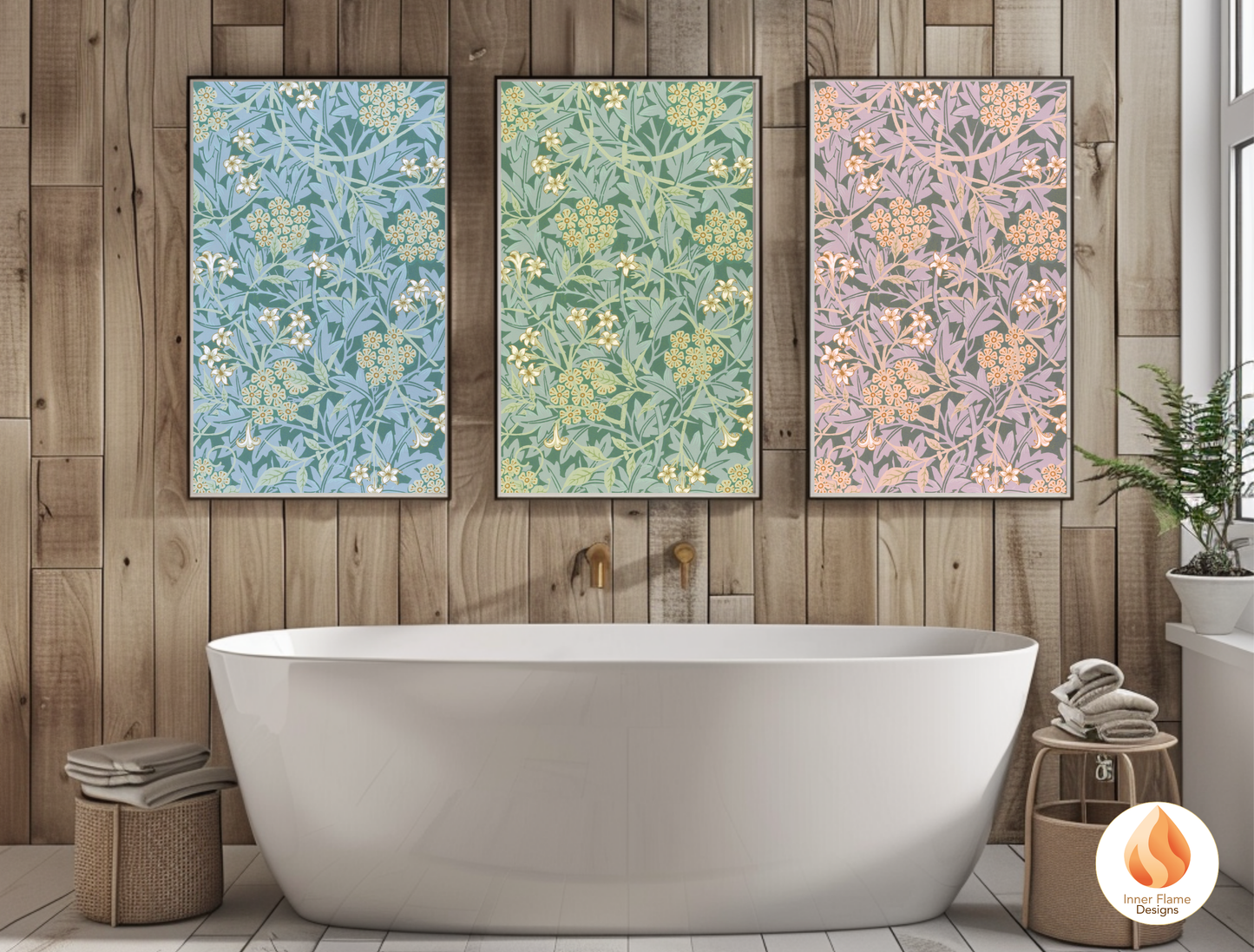 William Morris Inspired Designs - "Jasmine" | Abstract Botanical Art for Modern Home Design | Triptych Artwork
