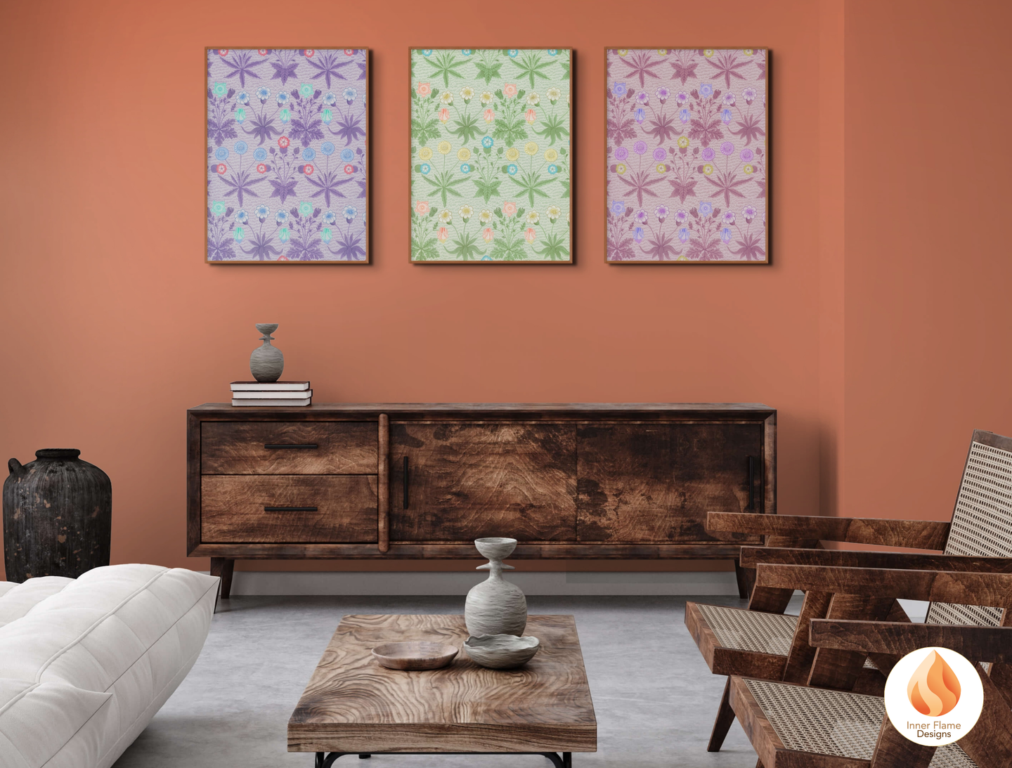 William Morris Inspired Designs - "Daisy" | Abstract Botanical Art for Modern Home Design | Triptych Artwork