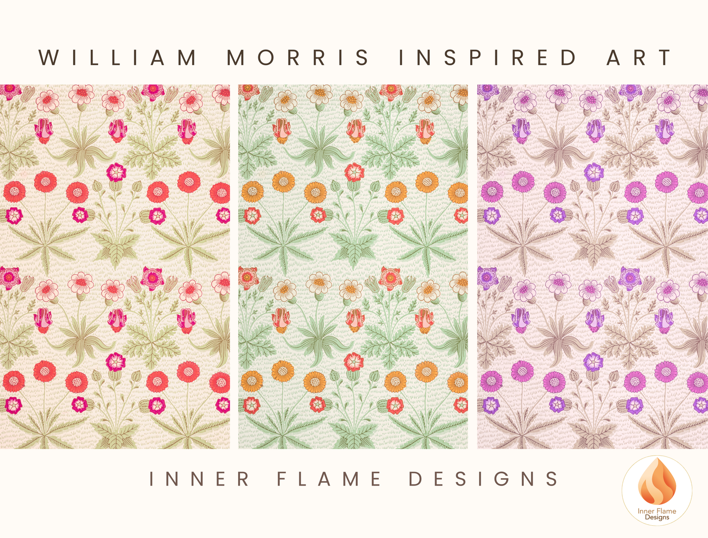 William Morris Inspired Designs - "Daisy" | Abstract Botanical Art for Modern Home Design | Triptych Artwork