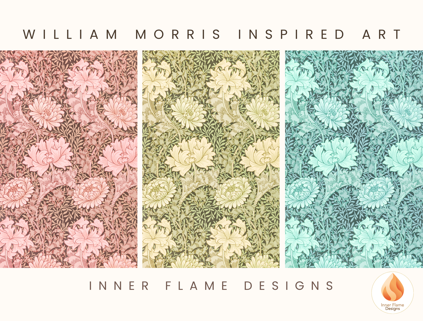 William Morris Inspired Designs - "Chrysanthemum" | Abstract Botanical Art for Modern Home Design | Triptych Artwork