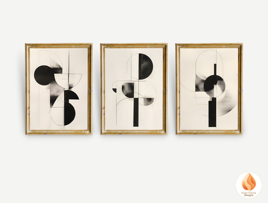 Monochromatic Geometric Artwork for Modern Home Design | Triptych Artwork