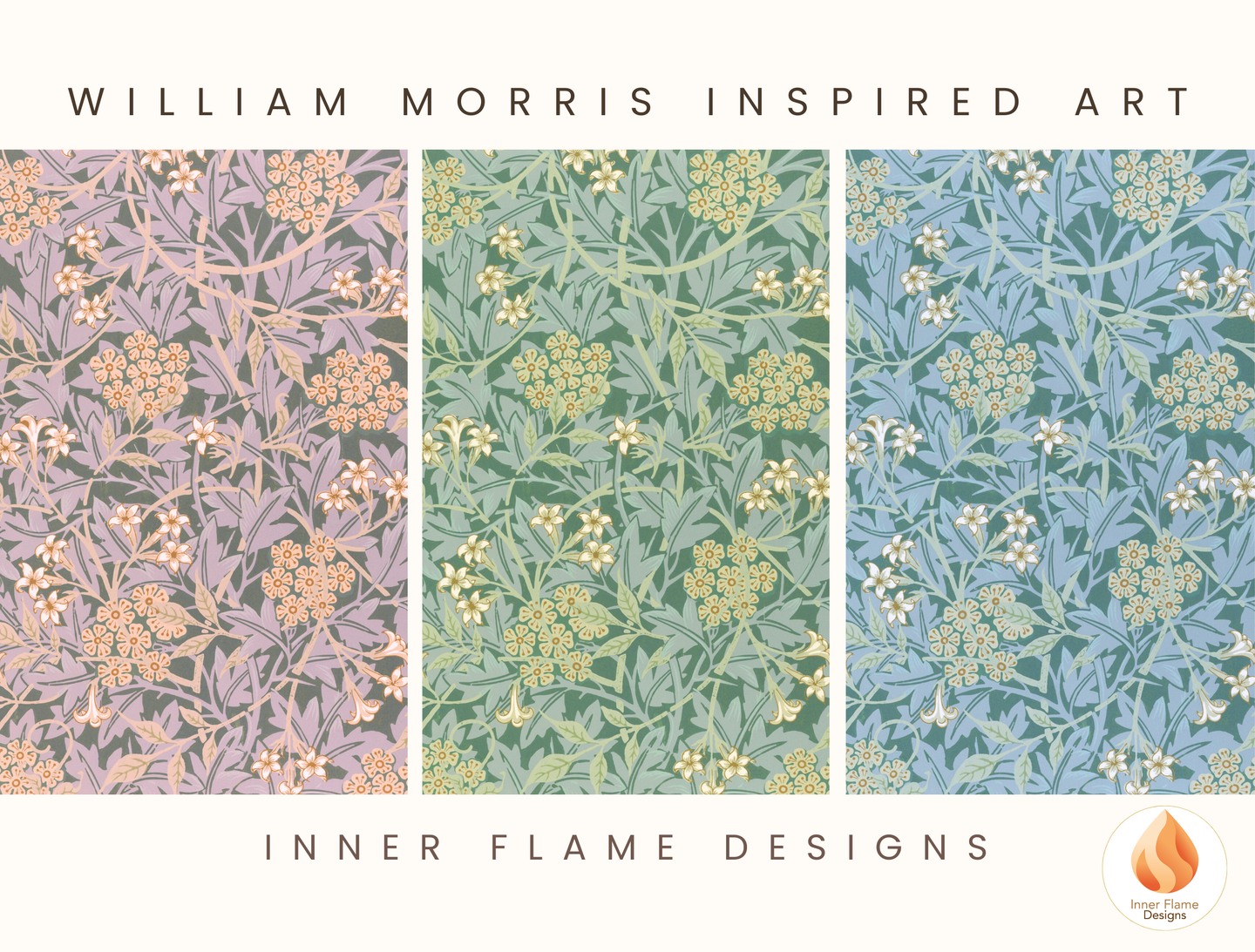 William Morris Inspired Designs - "Jasmine" | Abstract Botanical Art for Modern Home Design | Triptych Artwork