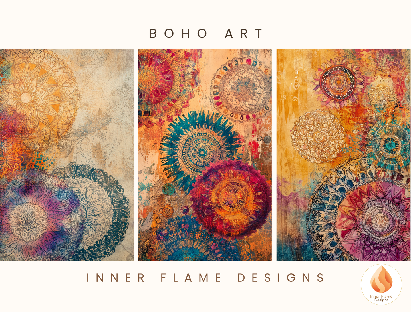 Kaleidoscopic Boho Wall Art Décor for Modern Home Design | Triptych Artwork