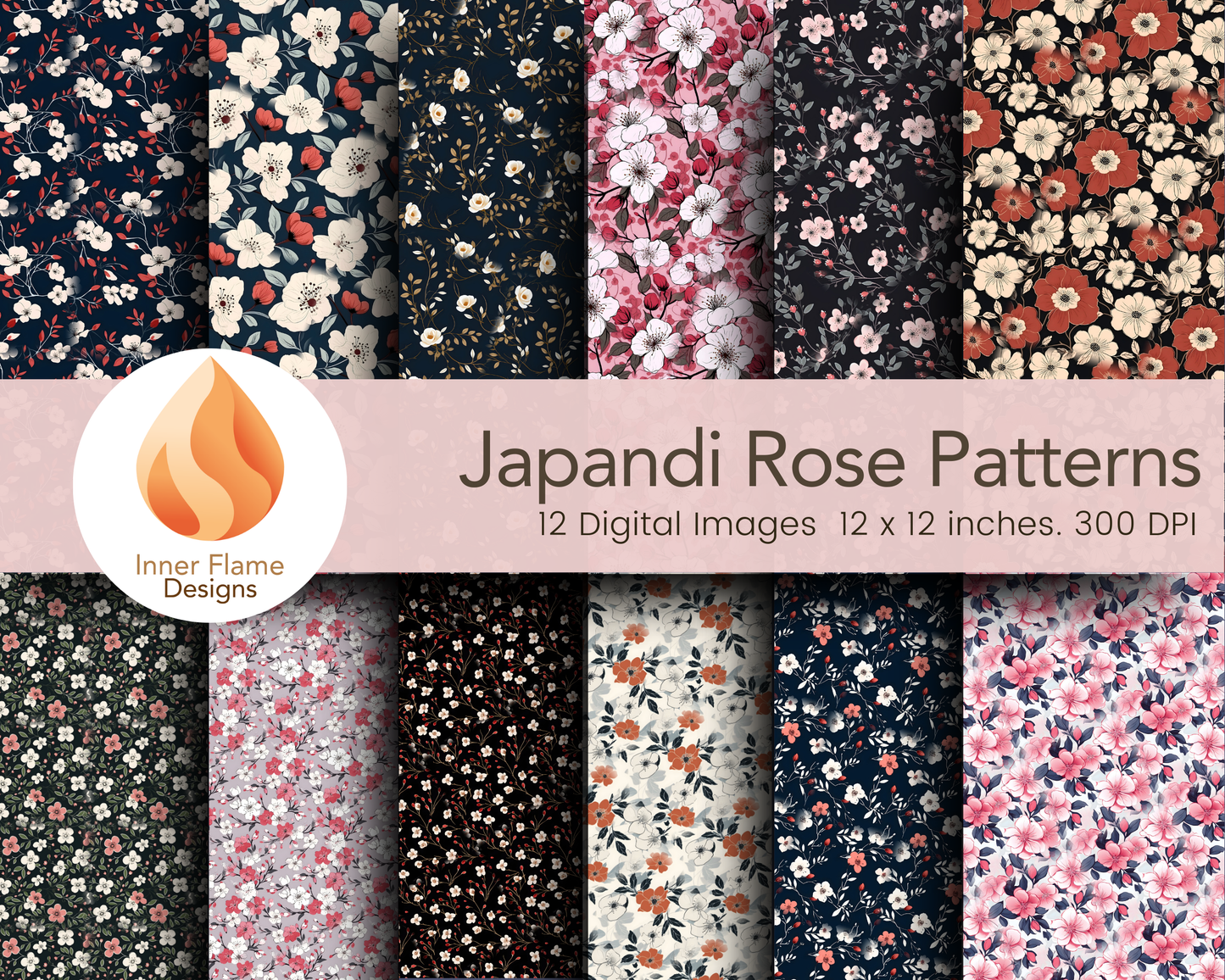 Japandi Rose Floral Surface Patterns | Seamless Patterns for Wallpaper, Textiles, Packaging and Digital Designs