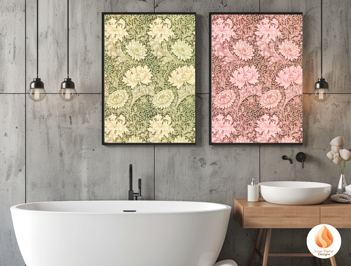William Morris Inspired Designs - "Chrysanthemum" | Abstract Botanical Art for Modern Home Design | Triptych Artwork