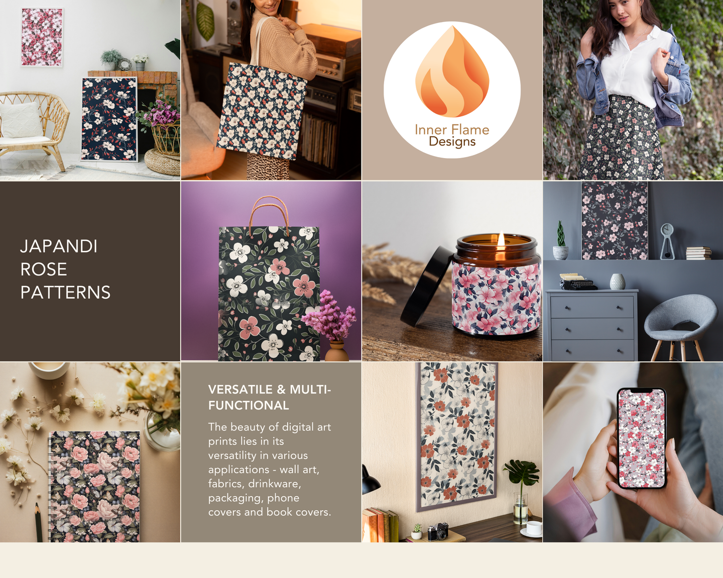 Japandi Rose Floral Surface Patterns | Seamless Patterns for Wallpaper, Textiles, Packaging and Digital Designs