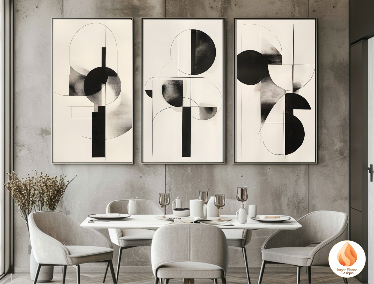 Monochromatic Geometric Artwork for Modern Home Design | Triptych Artwork