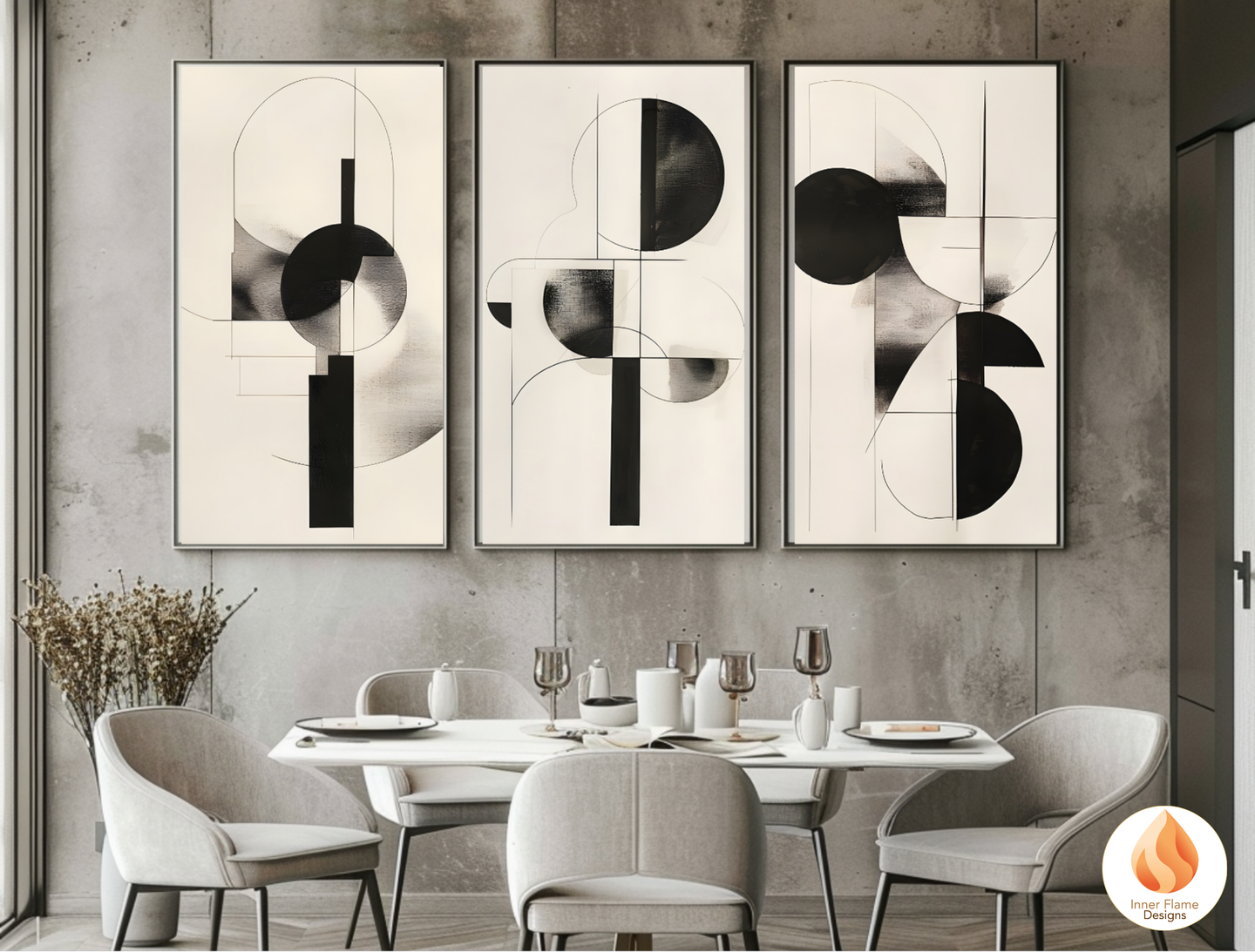 Monochromatic Geometric Artwork for Modern Home Design | Triptych Artwork