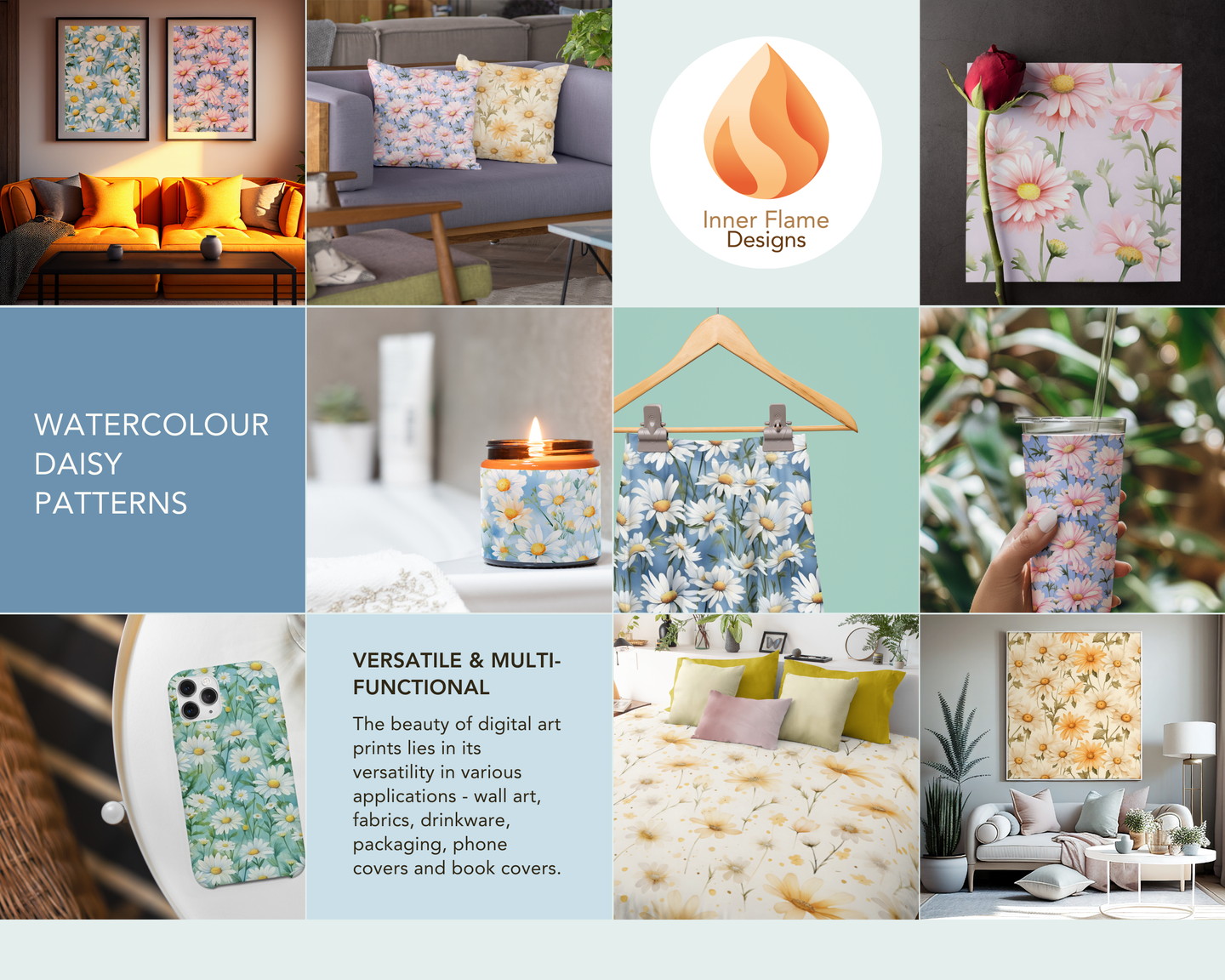 Watercolour Daisy Floral Surface Patterns | Seamless Patterns for Wallpaper, Textiles, Packaging and Digital Designs