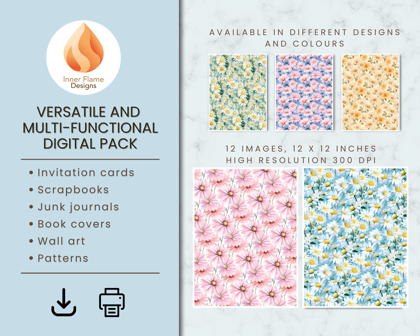 Watercolour Daisy Floral Surface Patterns | Seamless Patterns for Wallpaper, Textiles, Packaging and Digital Designs