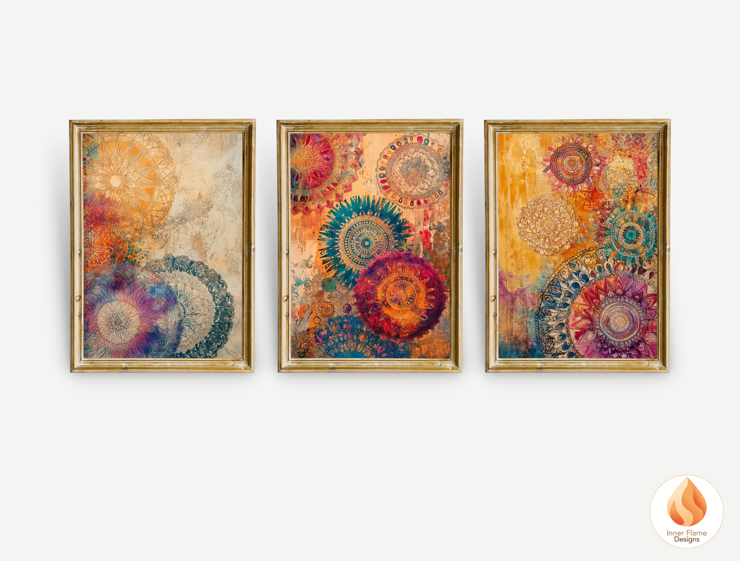 Kaleidoscopic Boho Wall Art Décor for Modern Home Design | Triptych Artwork