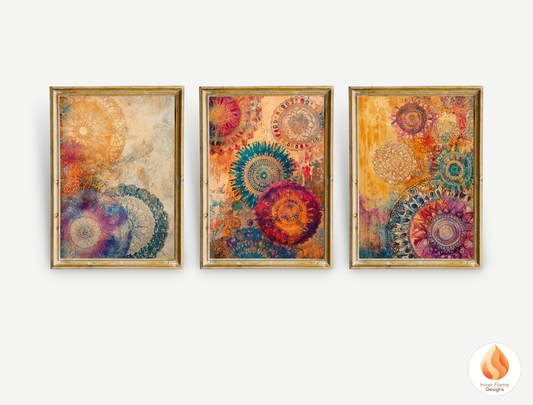 Kaleidoscopic Boho Wall Art Décor for Modern Home Design | Triptych Artwork