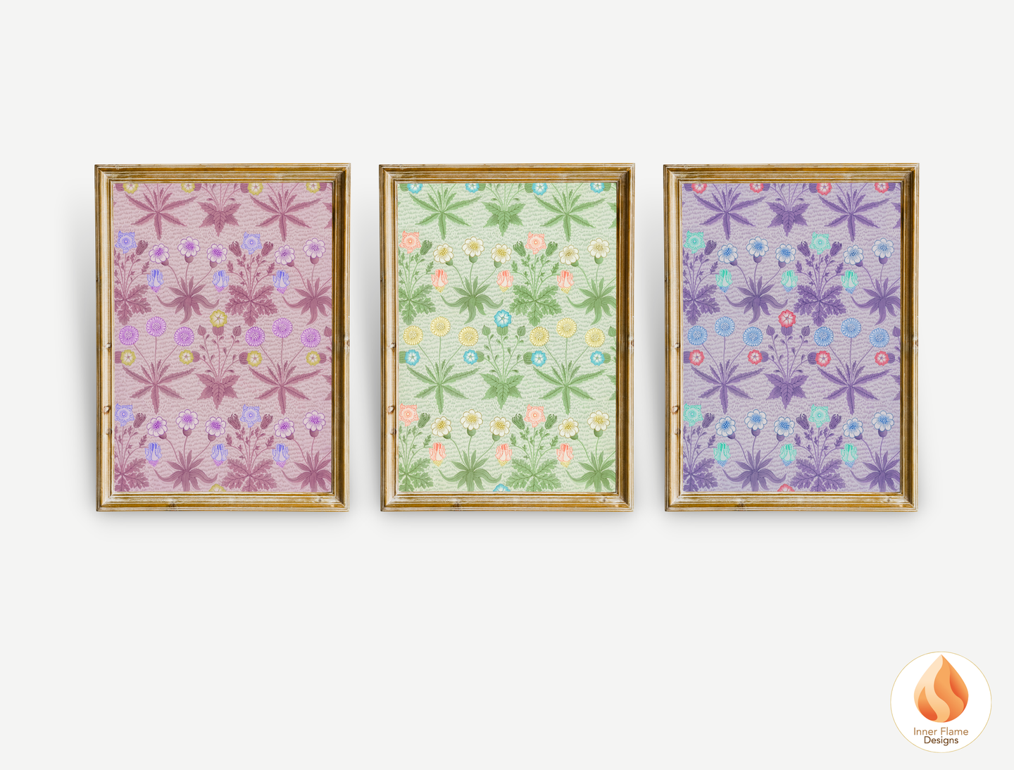 William Morris Inspired Designs - "Daisy" | Abstract Botanical Art for Modern Home Design | Triptych Artwork