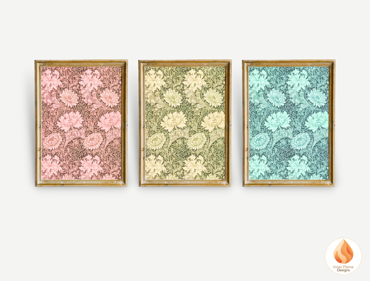 William Morris Inspired Designs - "Chrysanthemum" | Abstract Botanical Art for Modern Home Design | Triptych Artwork