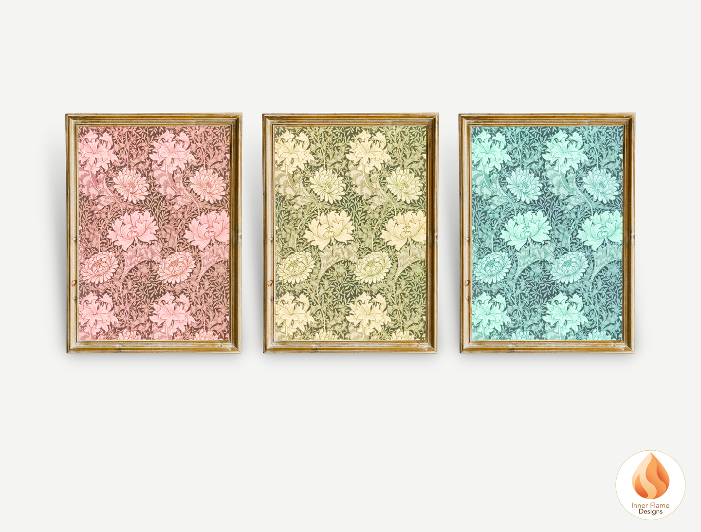 William Morris Inspired Designs - "Chrysanthemum" | Abstract Botanical Art for Modern Home Design | Triptych Artwork