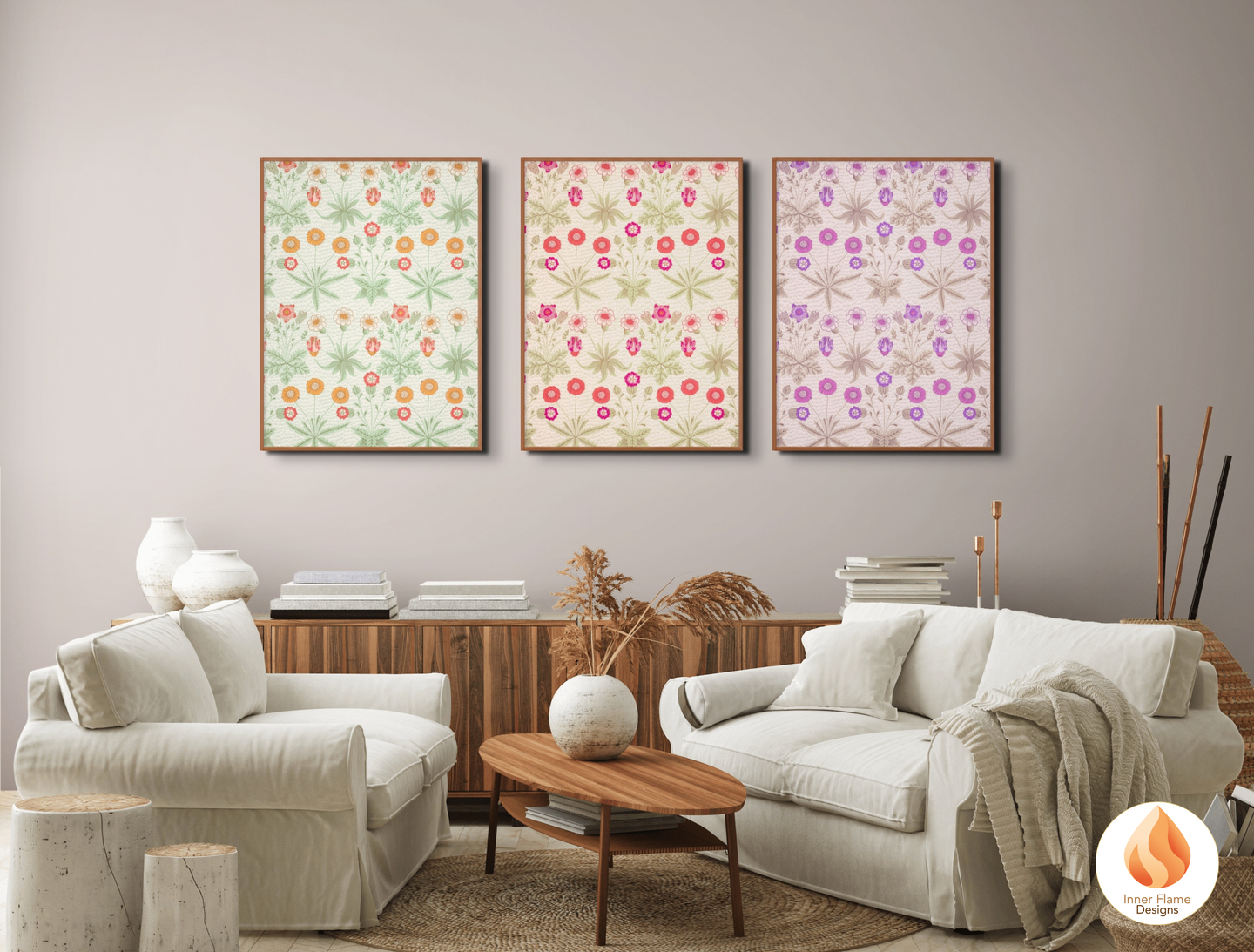 William Morris Inspired Designs - "Daisy" | Abstract Botanical Art for Modern Home Design | Triptych Artwork