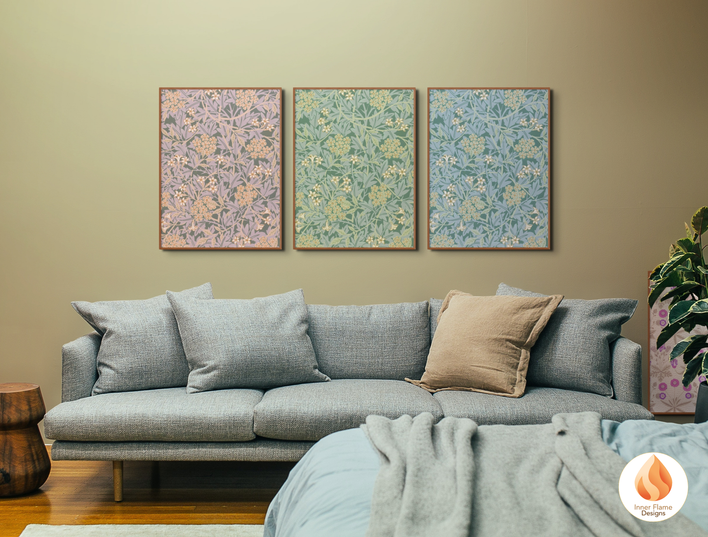 William Morris Inspired Designs - "Jasmine" | Abstract Botanical Art for Modern Home Design | Triptych Artwork
