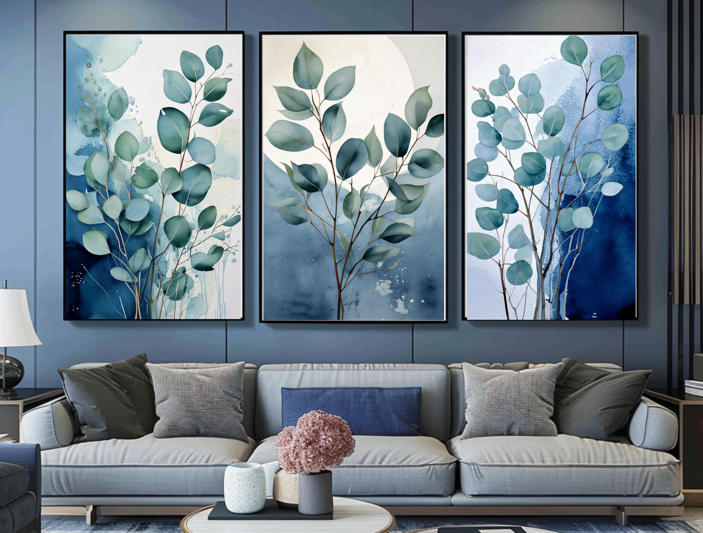 Cerulean Botanical Art for Modern Home Design | Triptych Artwork
