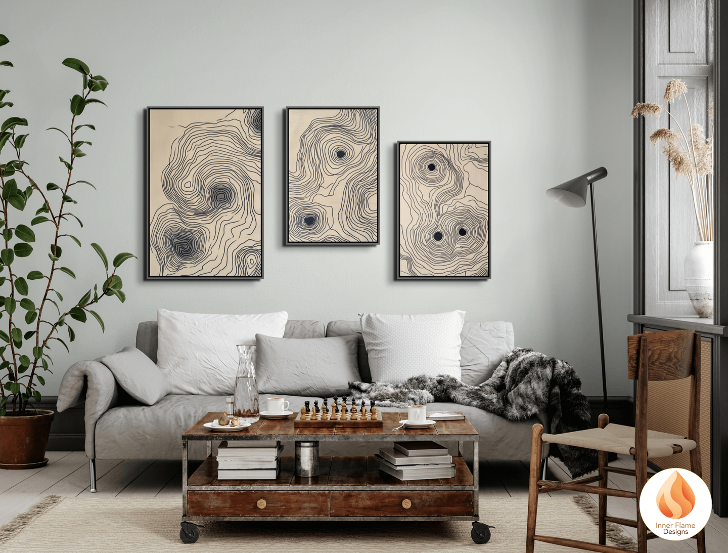 Contoured Line Art for Modern Home Design | Triptych Artwork