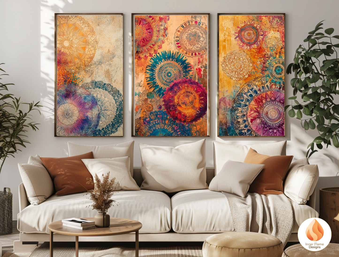 Kaleidoscopic Boho Wall Art Décor for Modern Home Design | Triptych Artwork