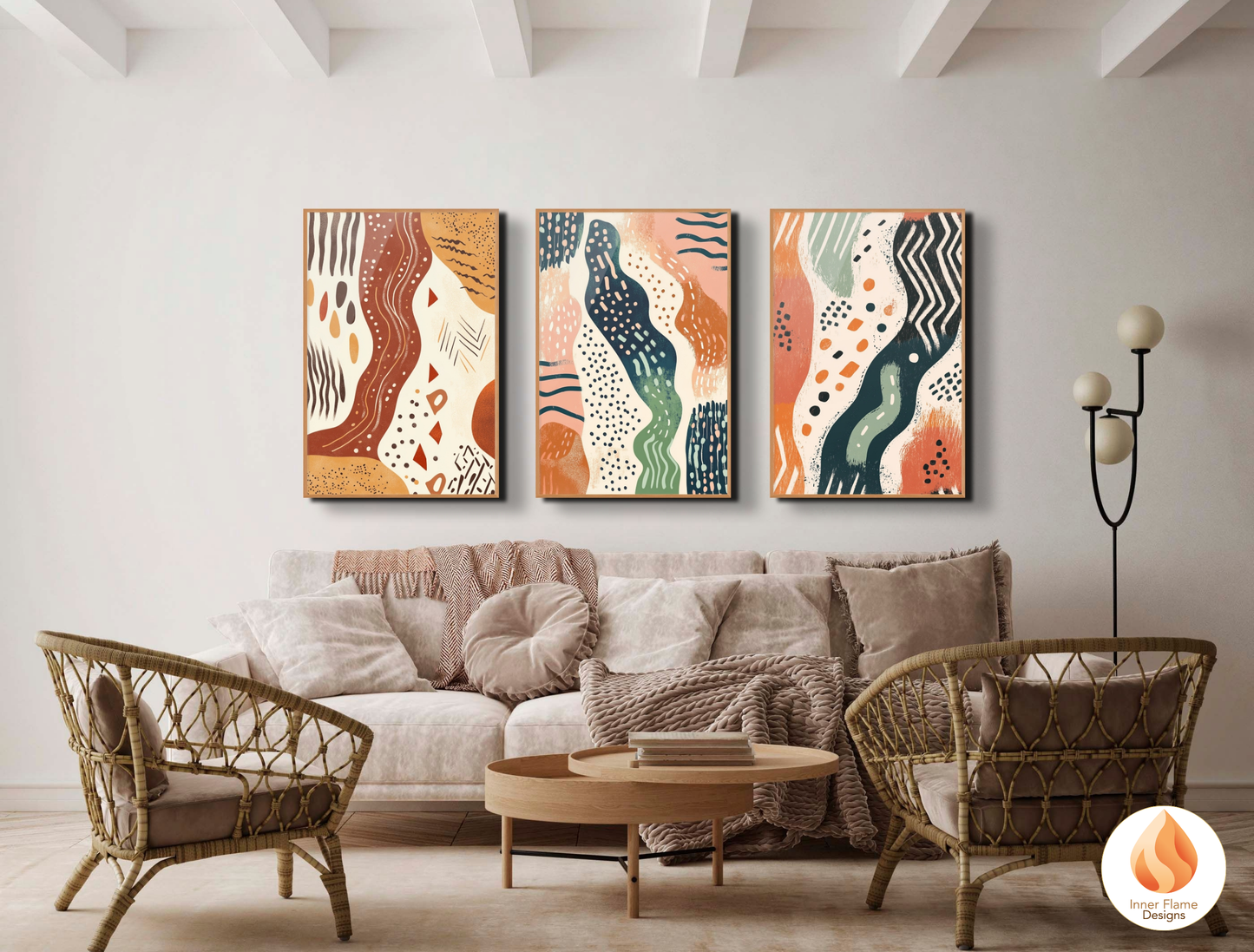 Primitive Boho Wall Art Décor for Modern Home Design | Triptych Artwork