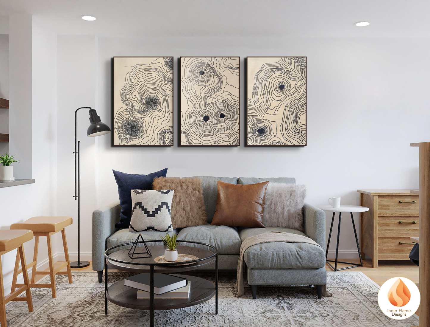 Contoured Line Art for Modern Home Design | Triptych Artwork