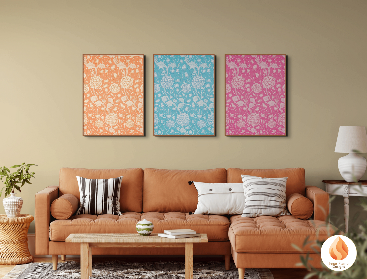 William Morris Inspired Designs - "Wild Tulip" | Abstract Botanical Art for Modern Home Design | Triptych Artwork