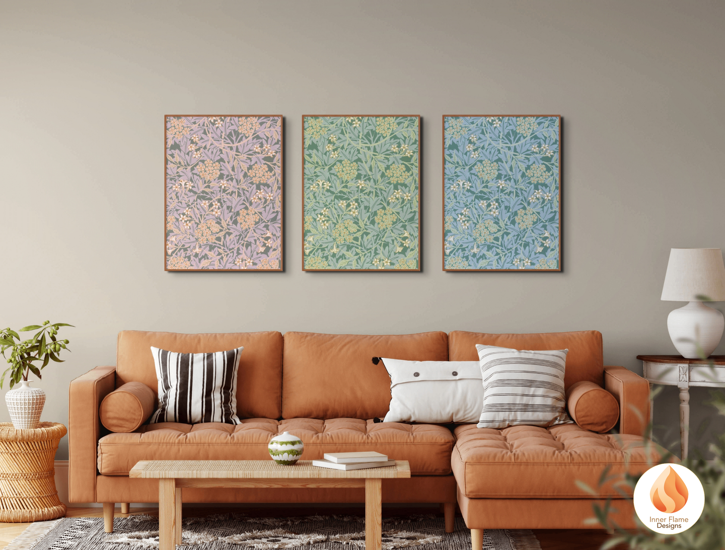 William Morris Inspired Designs - "Jasmine" | Abstract Botanical Art for Modern Home Design | Triptych Artwork