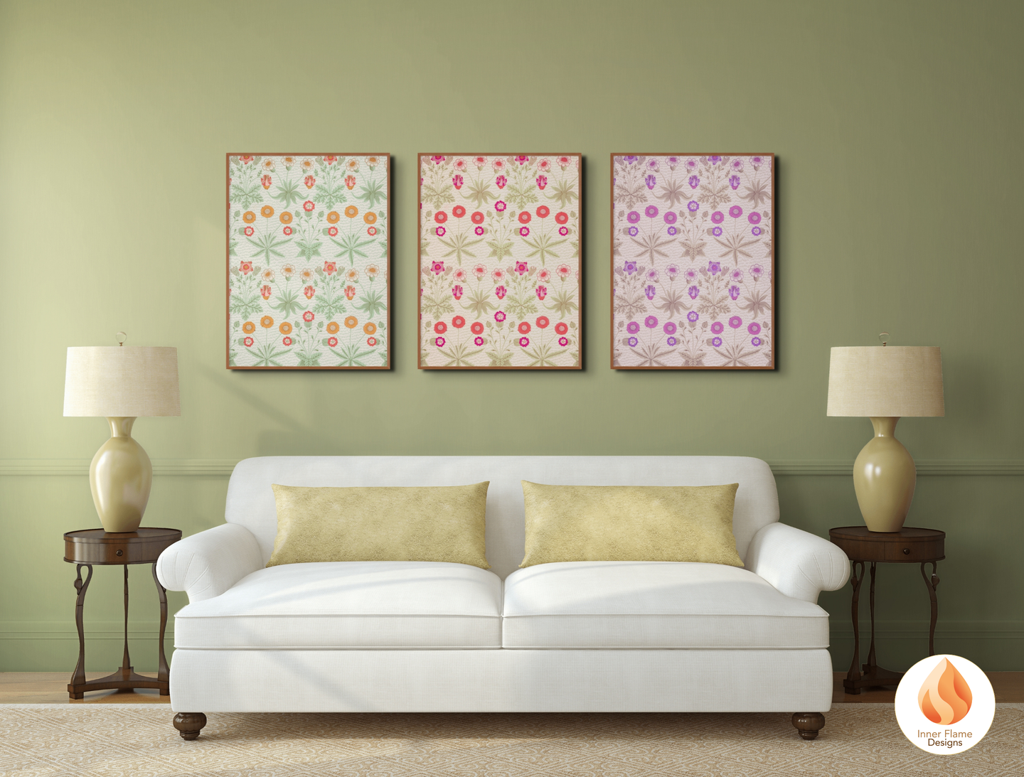 William Morris Inspired Designs - "Daisy" | Abstract Botanical Art for Modern Home Design | Triptych Artwork
