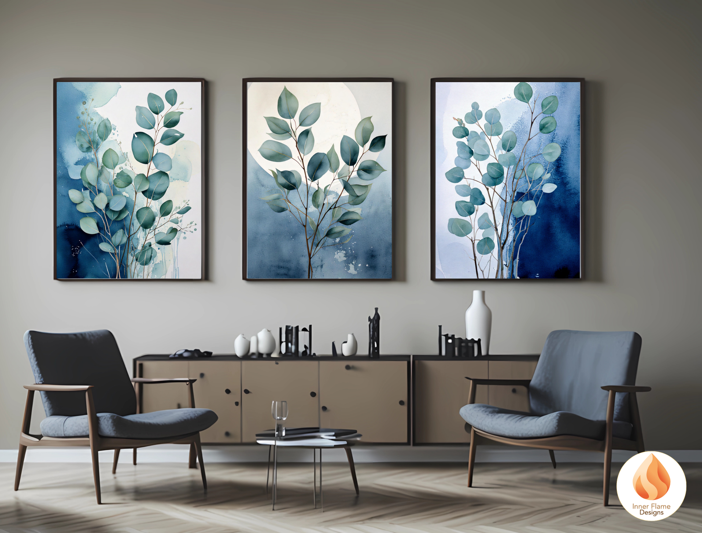 Cerulean Botanical Art for Modern Home Design | Triptych Artwork