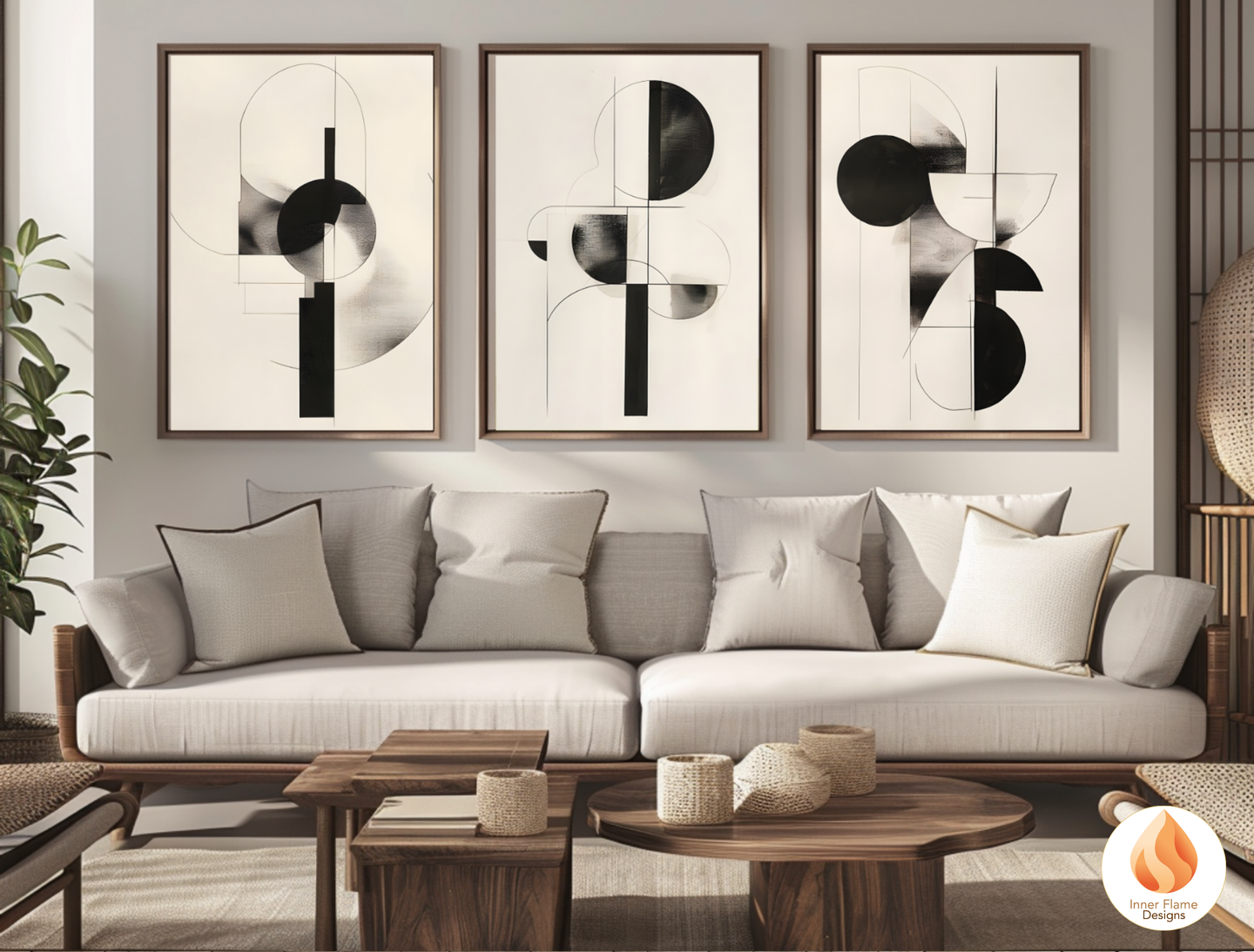 Monochromatic Geometric Artwork for Modern Home Design | Triptych Artwork