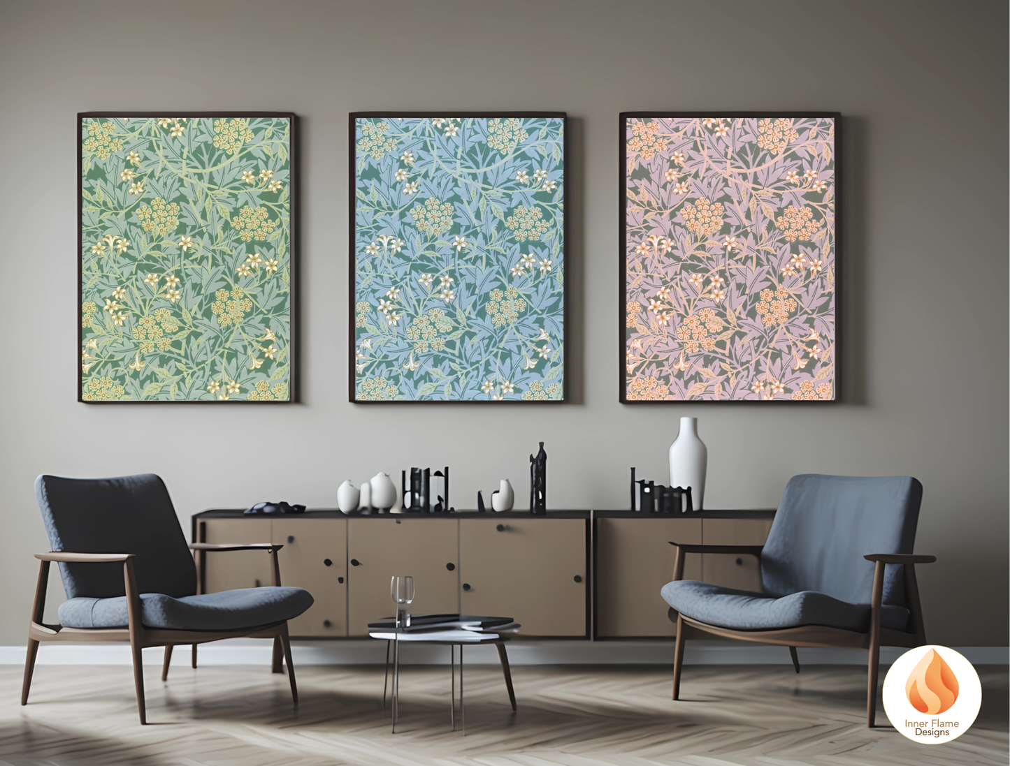 William Morris Inspired Designs - "Jasmine" | Abstract Botanical Art for Modern Home Design | Triptych Artwork