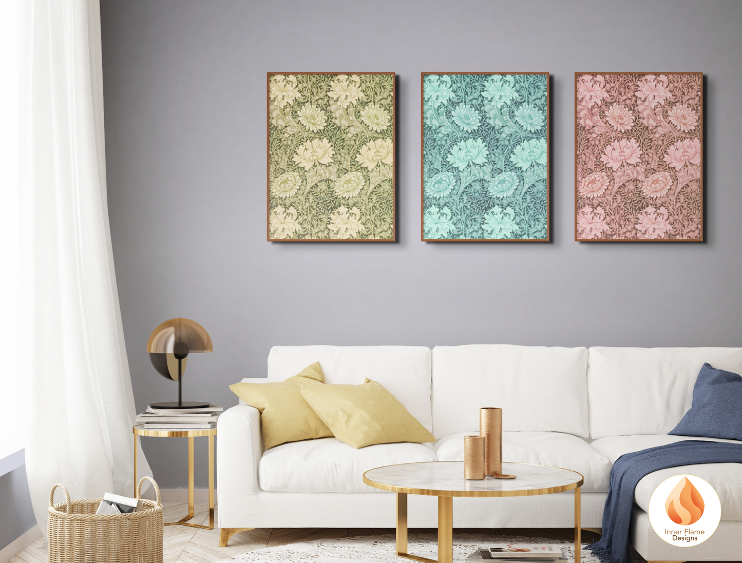 William Morris Inspired Designs - "Chrysanthemum" | Abstract Botanical Art for Modern Home Design | Triptych Artwork