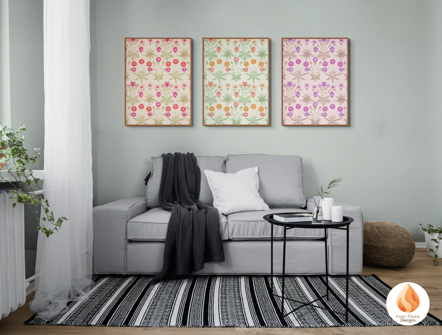 William Morris Inspired Designs - "Daisy" | Abstract Botanical Art for Modern Home Design | Triptych Artwork